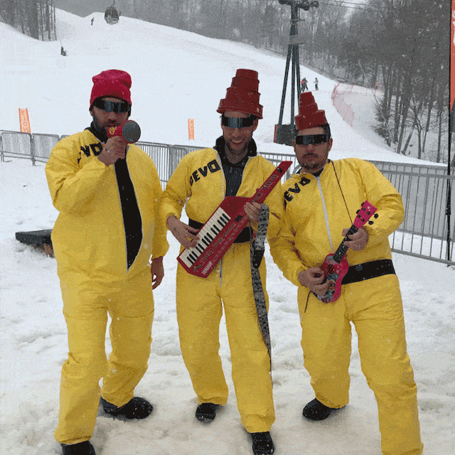 Huff, Pants, and Fizz as Devo at 2017 80s Day Loon