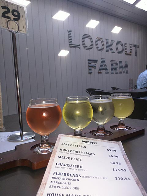 A flight of different ciders at the Lookout Farm Taproom in South Natick (MA)